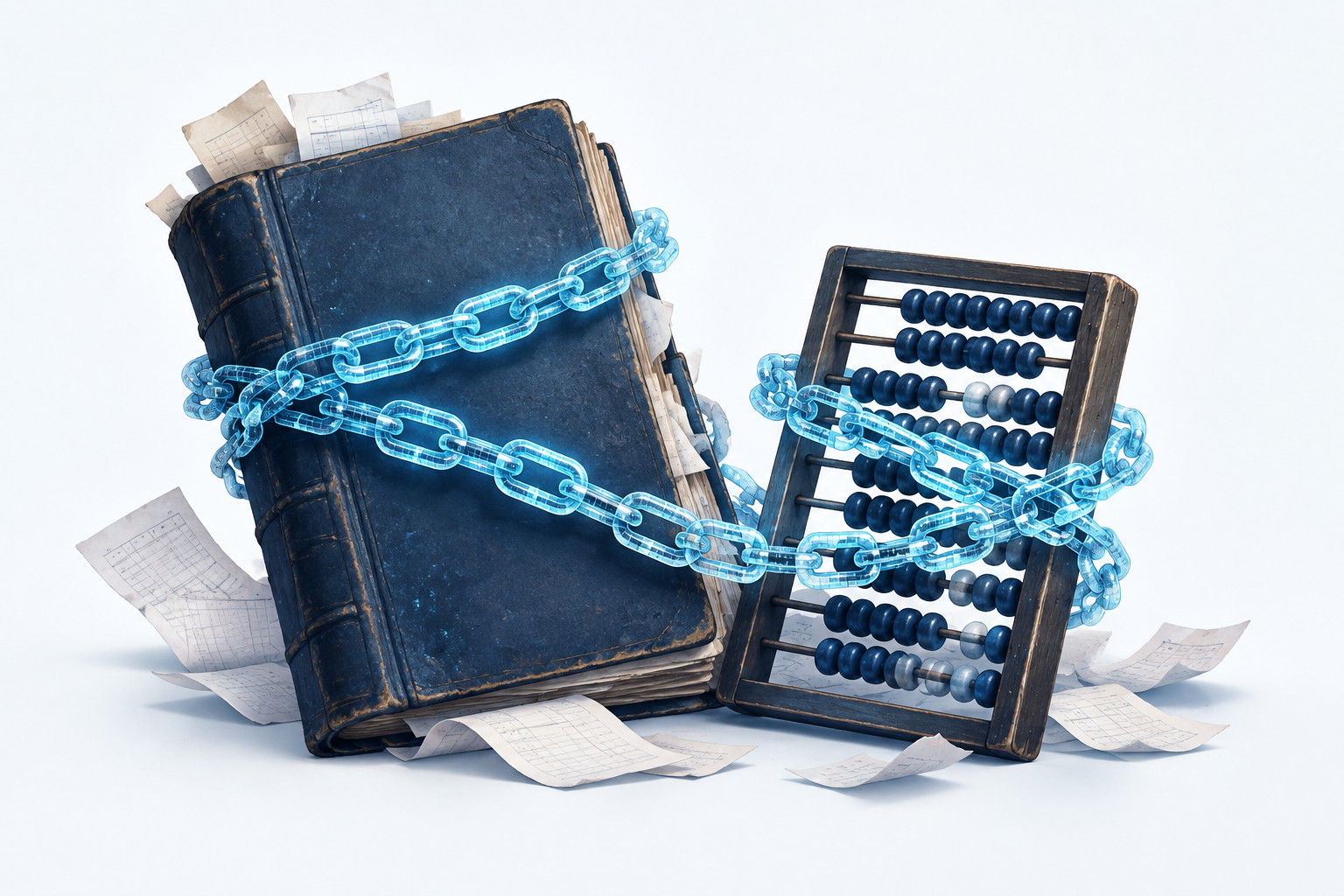 Illustration of an old ledger book tangled in digital chains