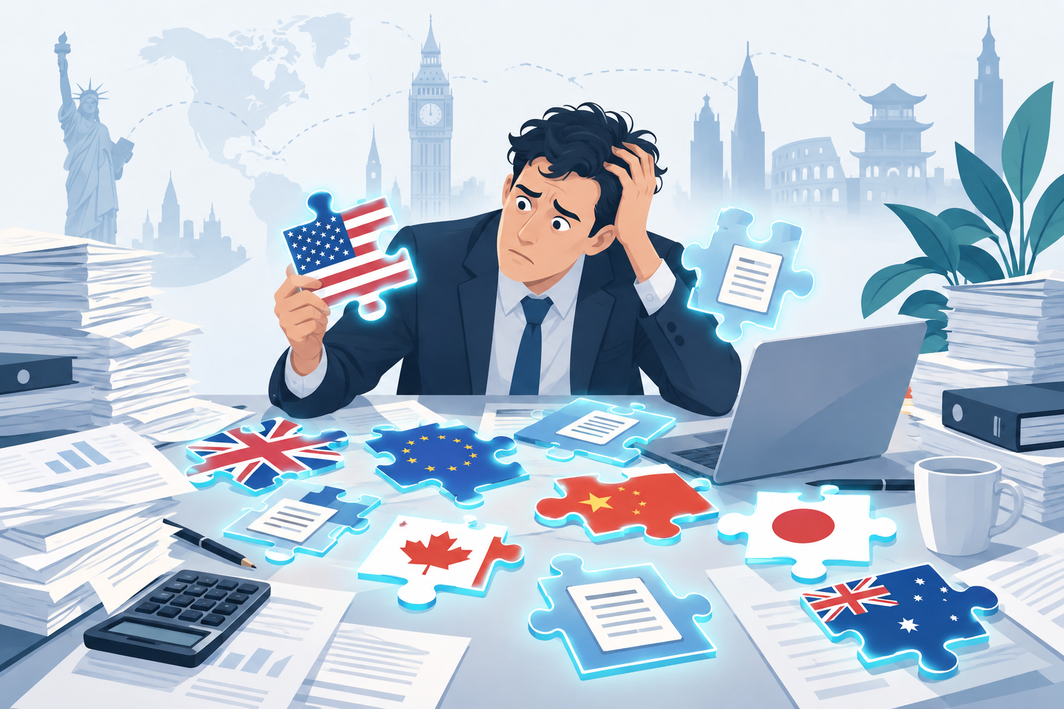 Illustration of a stressed professional connecting different tax documents and flags