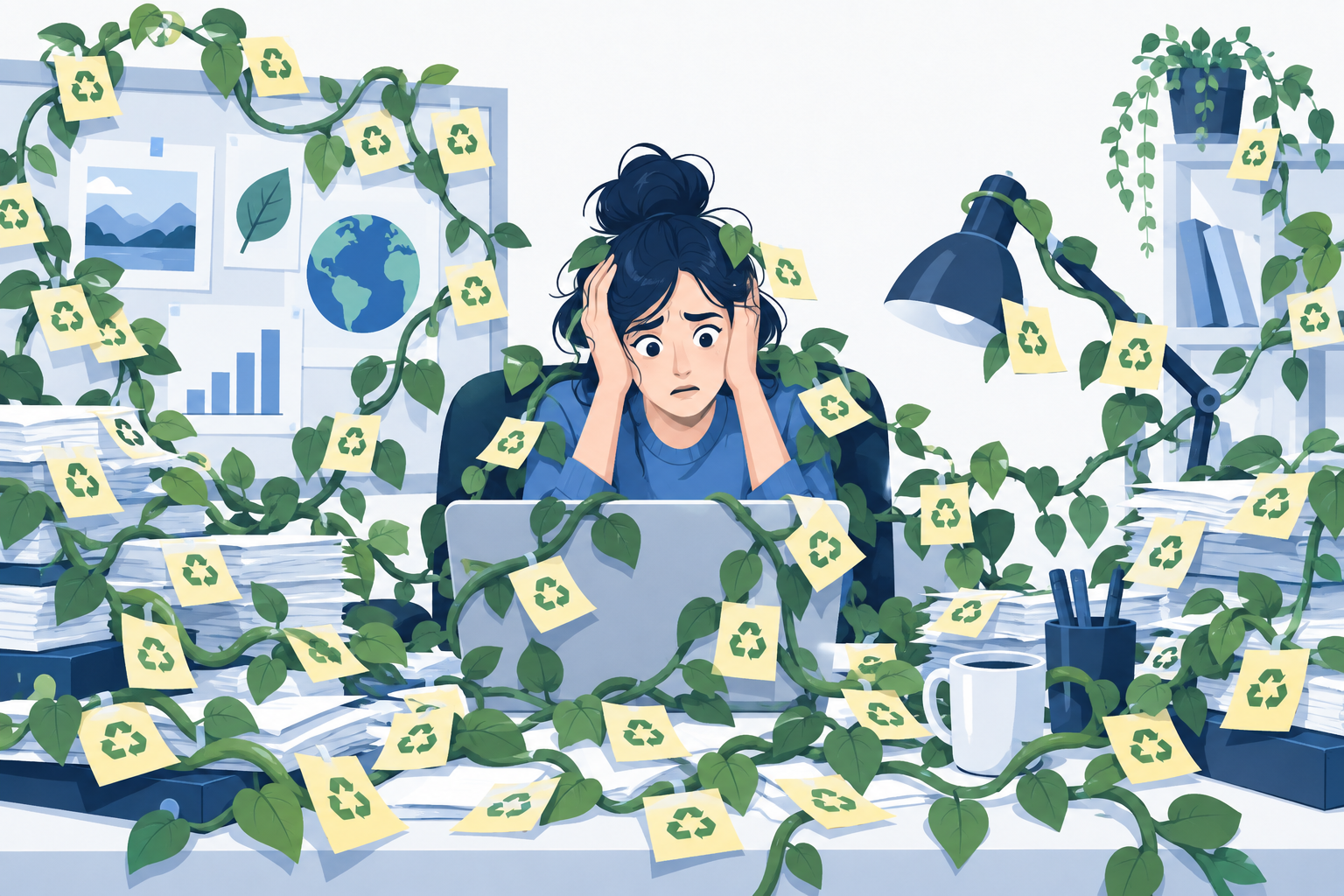 Illustration of a marketer overwhelmed by environmental claim verification.