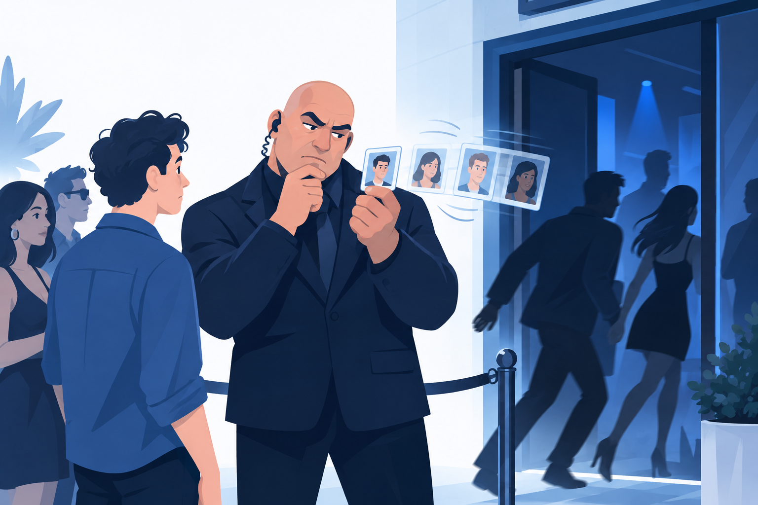Illustration of shifting faces and synthetic identities bypassing security.