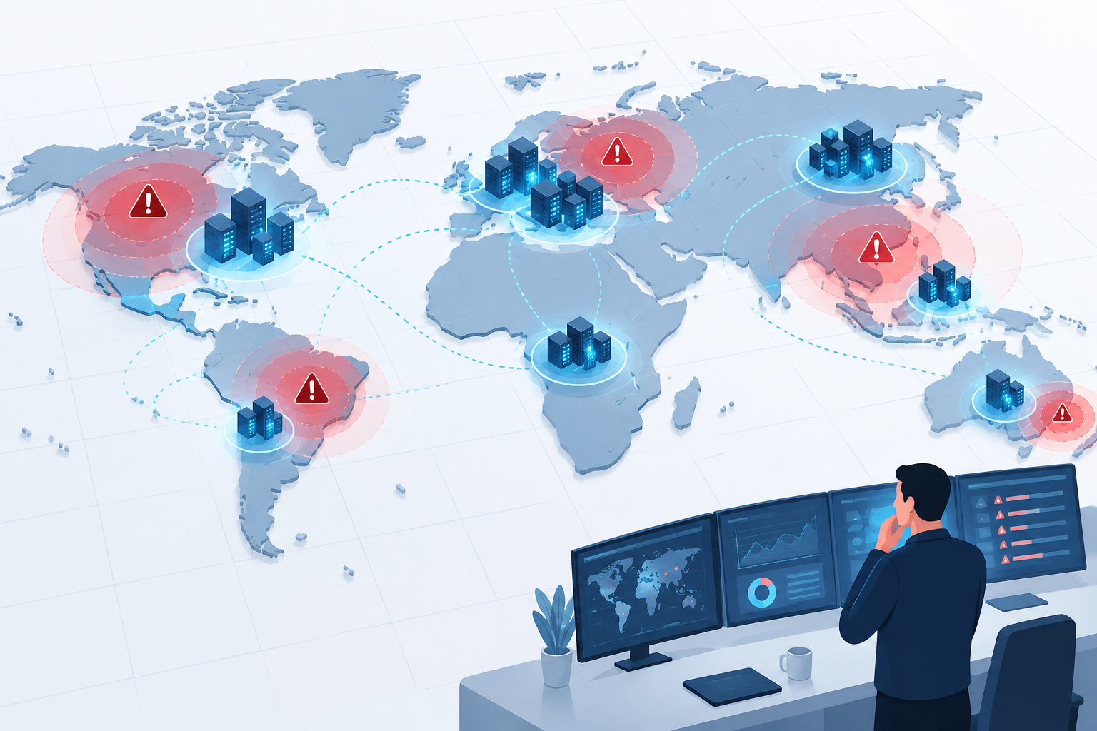Illustration of an insurance risk map highlighting clustered data center locations.