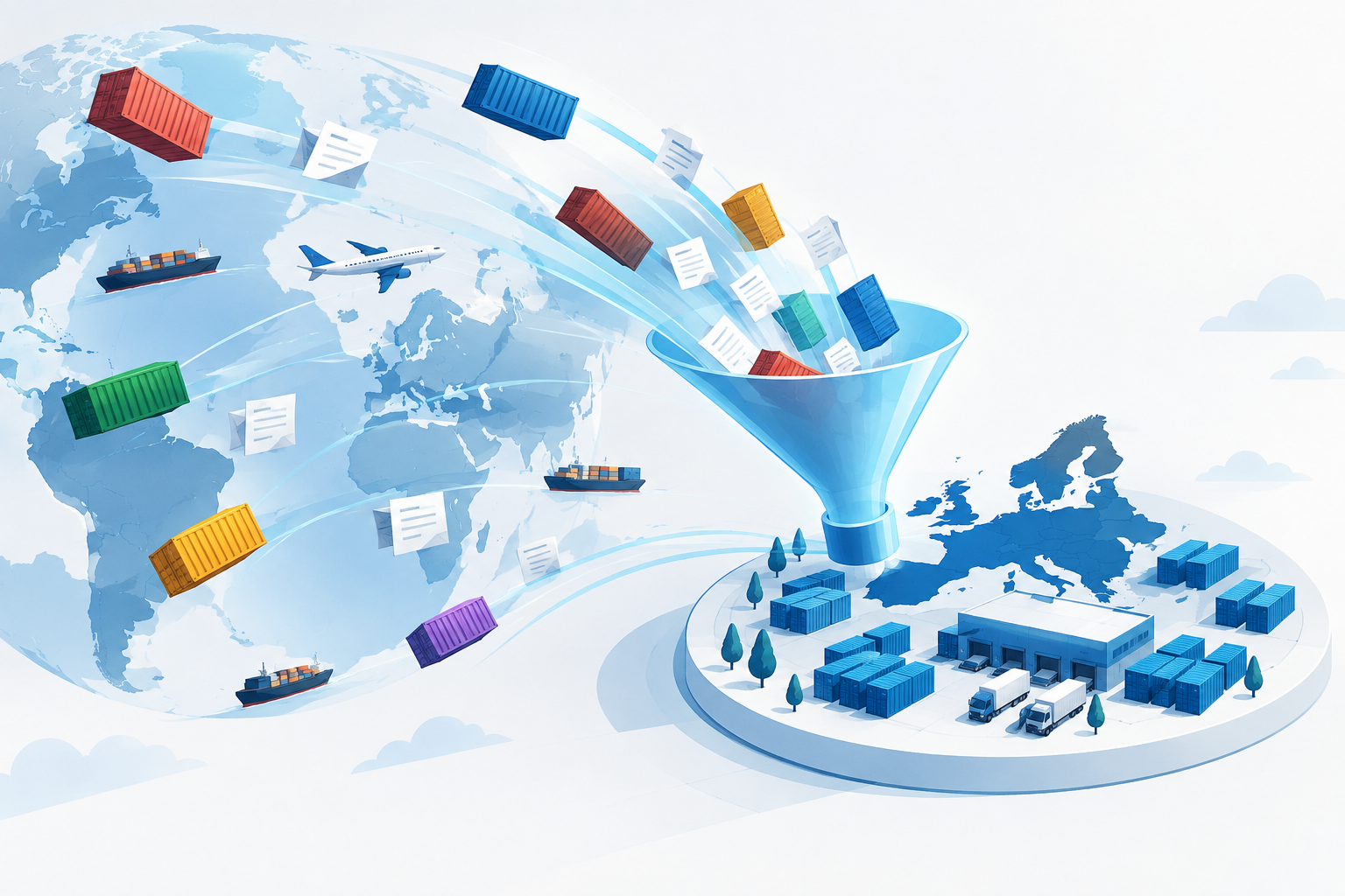 Illustration of a central data hub aggregating shipping and trade documents from around the world.