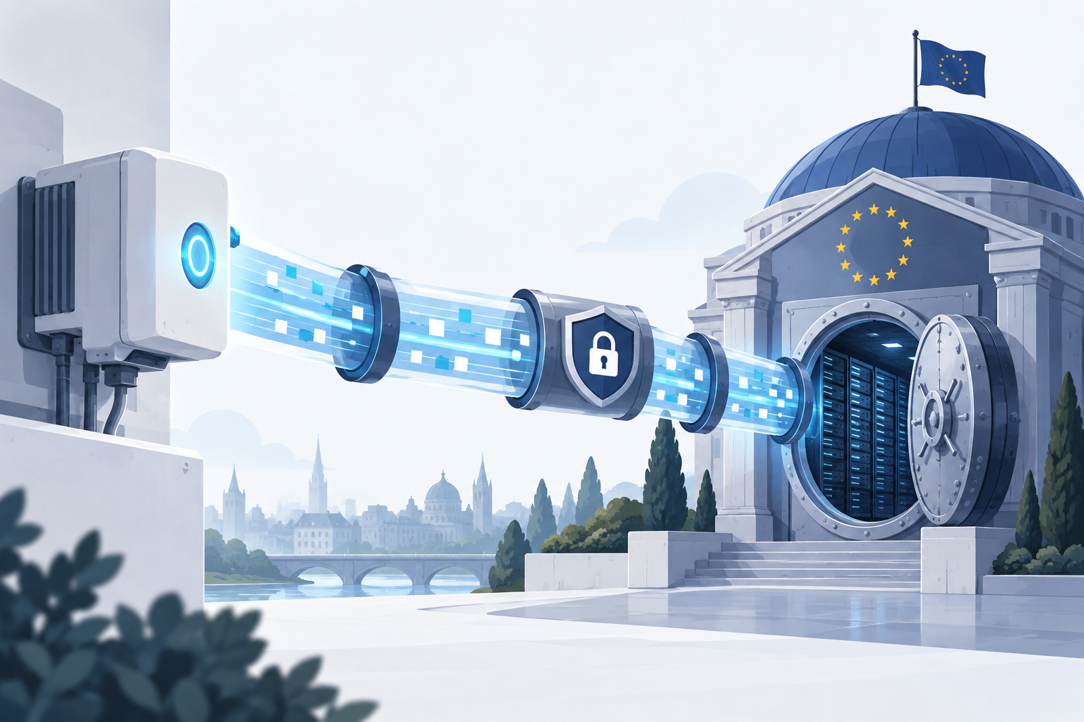 Illustration of a compliance data pipeline connecting tech products to a central European hub.