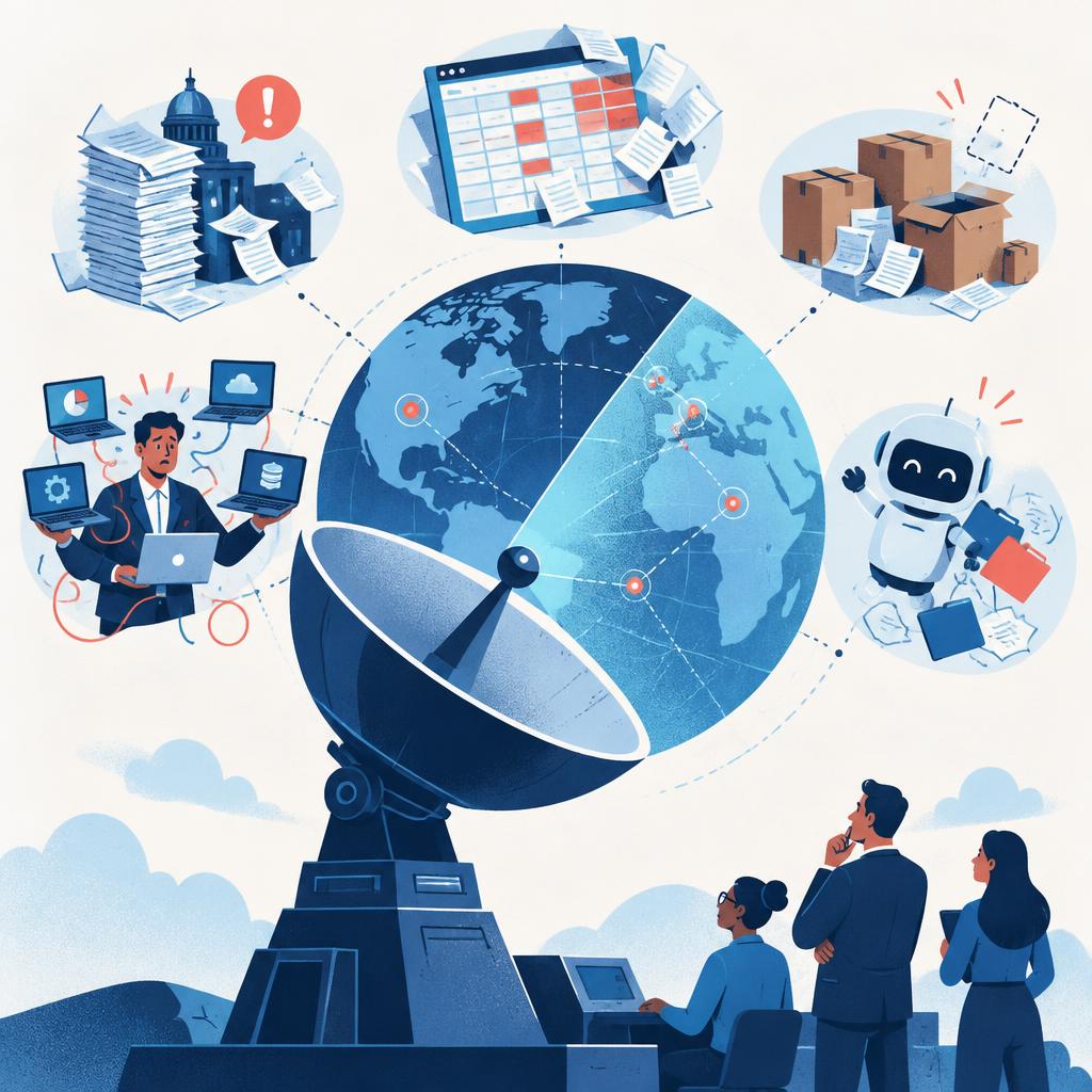A radar scanning the world while emerging problems appear around it: regulations, spreadsheets, missing documents, an unexpected AI agent